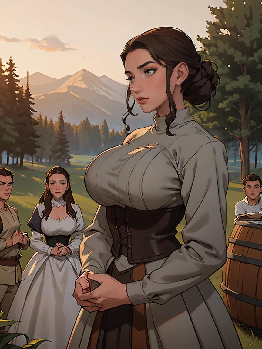 Gorgeous and sultry busty athletic (thin) brunette peasant with sharp facial features wearing a modest updo, medieval hair cover, rough-spun grey and brown medieval dress, long sleeves, wide neck, long dress, tight bodice, corset, Middle Ages, cottage, farm, exterior, trees, countryside, evening, sunset.