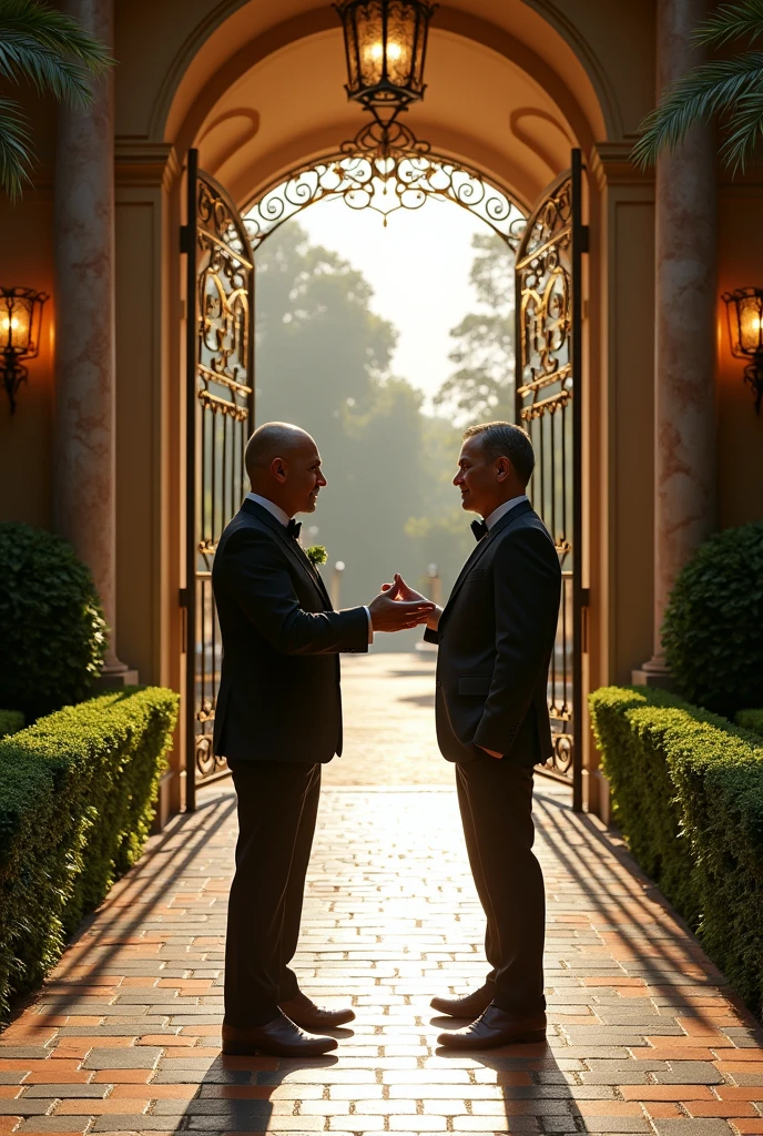 A doorman is talking to his rich owner in front of the gate