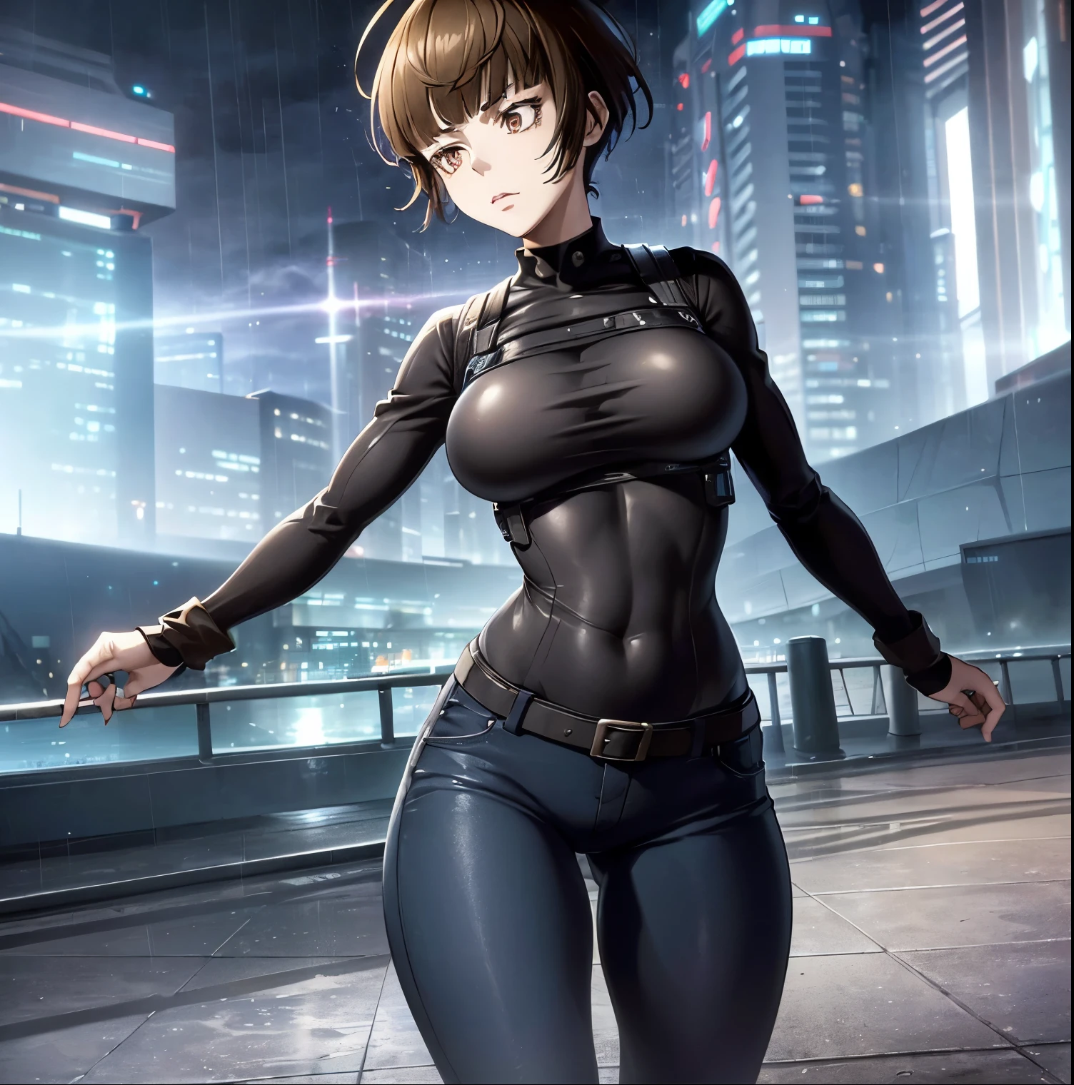 ((1girl)),((alone)),tsunemori akane, (one punch man),(masterpiece), (best quality), (ultra detailed), (best illustration), (best shadow), (absurdities), sharp focus, cowboy shot, atmospheric perspective, depth of field, dynamic posture looking at viewer, big breasts, narrow waist, wide hips, wide thighs, round butt, erotic, romantic, (very detailed eyes, 1.1 lips), very detailed, eyes, Very detailed face, Very beautiful face, Symmetrical face, Aesthetic face, perfect face, perfect eyes, detailed eyelashes: 1.5), full height, beautiful slim figure, femininity, expressive appearance, elastic big breasts, sexuality, half-open lips , police clothing, bulletproof vest, black vest, fingerless gloves, black gloves, blue pants, jeans, belt, combat boots, white shirt, long sleeves, written clothing, hand on hip, curves, defined body, Perfect and beautiful body, perfect and beautiful, closed mouth, serious expression, neutral grimace, (sexy pose: 1.2), ((only)), standing: 1.3,((outdoor, cybeppunk landscape, cityscape, futuristic streets, futuristic city ,light reflection, clouds,rainy,night,city lights)),looking forward,((focus on hips)), point of view:(from below), perfect anatomy, perfect hands ,