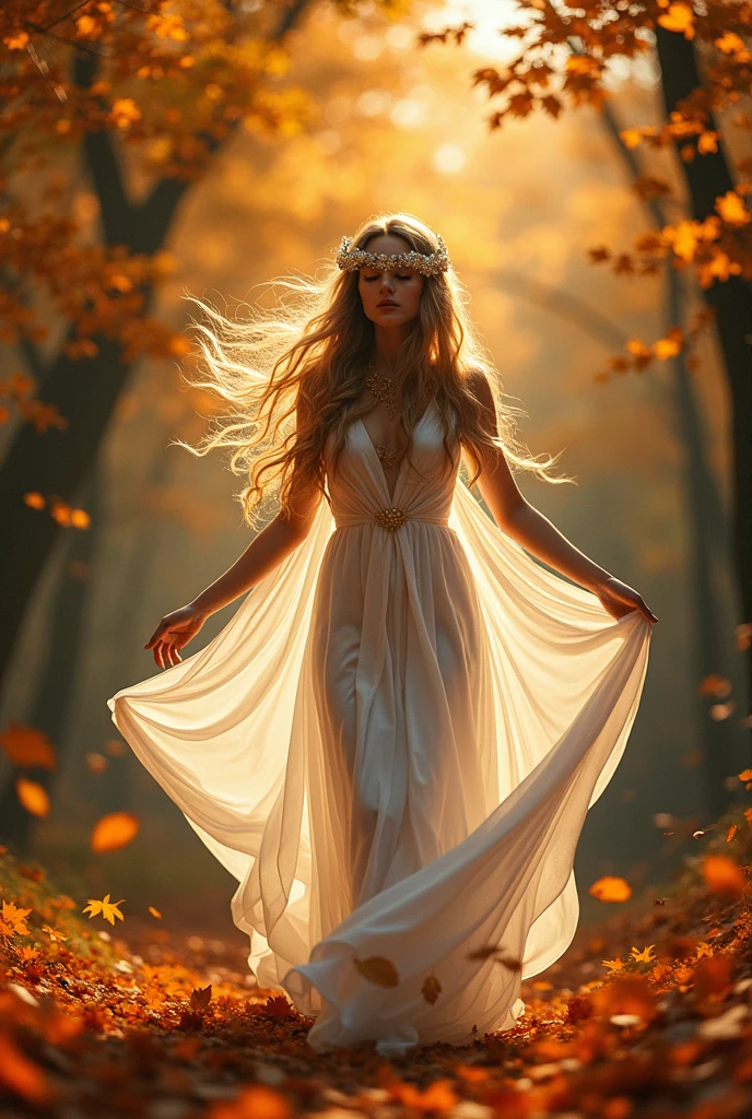 woman in a white dress is walking through the woods, digital art inspired by Magali Villeneuve, cgsociety contest winner, fantasy art, beautiful fantasy art, fantasy woman, beautiful autumn spirit, breathtaking fantasy art, very beautiful fantasy art, graphic artist magali villeneuve, amazing fantasy art, goddess of autumn, digital art fantasy art, elfic priestess
