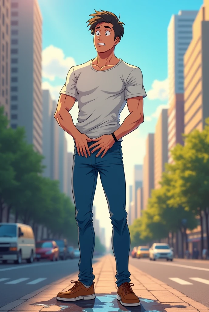 In the morning city,  a slender amd mascular young man in his blue pants is pissing himself, there's a pee stain on his pants. He couldn't hold his pee. He is holding his crotch to stop peeing but his pee is leaking out from his pants,  and it is making a pee puddle at his feet. white t-shirt, He looks embarrassed. Anime.