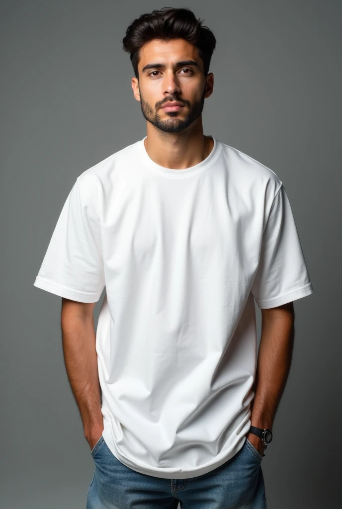 Handsome man standing facing in front,wearing white oversized t-shirt, denim pants, against greyish background, cotton texture of t-shirt, oversized tshirt,round neck, half sleeves 