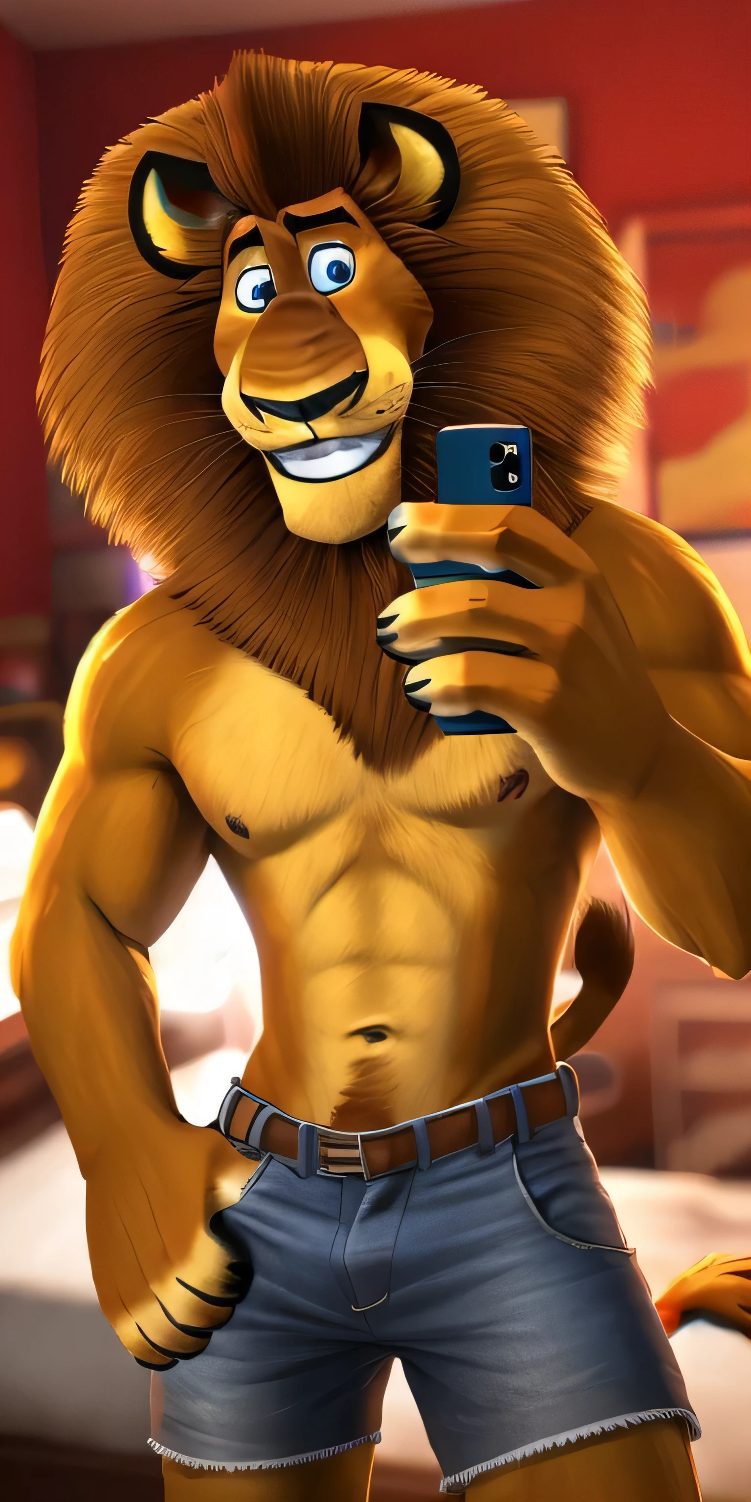cartoon lion, AlexLion, male, solo, room background, detailed background,4k, 8k, photorealistic, high res, high-quality lighting, ultrarealistic, realistic fur, detailed fur, perfect hands, detailed hands, realistic eyes, perfect eyes, detailed eyes, white iris, light blue pupil,full body image, friendly smile, muscular body, six pack abs, wears a knee-length denim cargo shorts, bare feet, lying on the bed, selfie, shy look