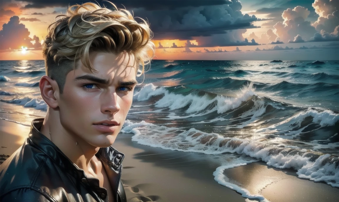 [((highly detailed, detailed eyes, detailed face, clear and realistic facial features, photorealistic, realistic light, cinematic)), ((((2 or 3 men, each man's appearance is unique, some men have light hair and some have dark hair)))), (((sexy male college-age jocks standing on the beach and looking angry or frustrated))), ((wearing weathered casual clothes)), ((wet)), ((beautiful deserted tropical island with a storm in background))]