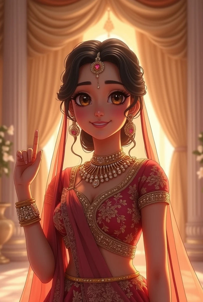 Instagram story size image,milk white skin tone, bridal lehanga wear,bridal jewellery,smiling anime face,vanakkam hand,wedding hall background