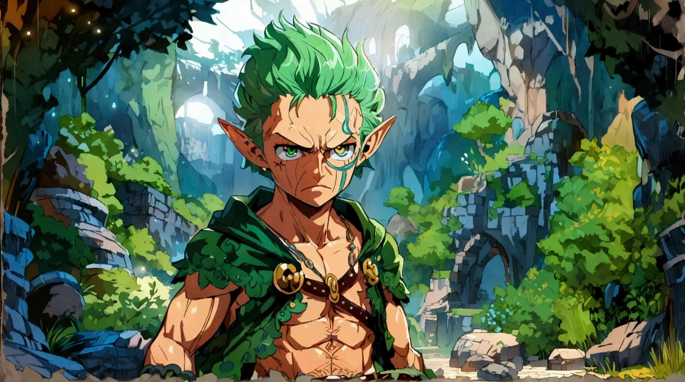 muscular young dwarf, , pointy green hair, pointy ear, green eye, green cloak with button, leather belt, cave background at night, angry look, ((Intricate anime character design inspired by One Piece)), ((Stunning lighting)), ((Fine lines)), ((Stunning focus)), ((Stunning face)), ((Detailed focus)), ((Detailed background)), ((Ultra-fine 2D design)), ((Creative scenery)), ((2D masterpiece)), ((Best quality)), ((8K anime style))