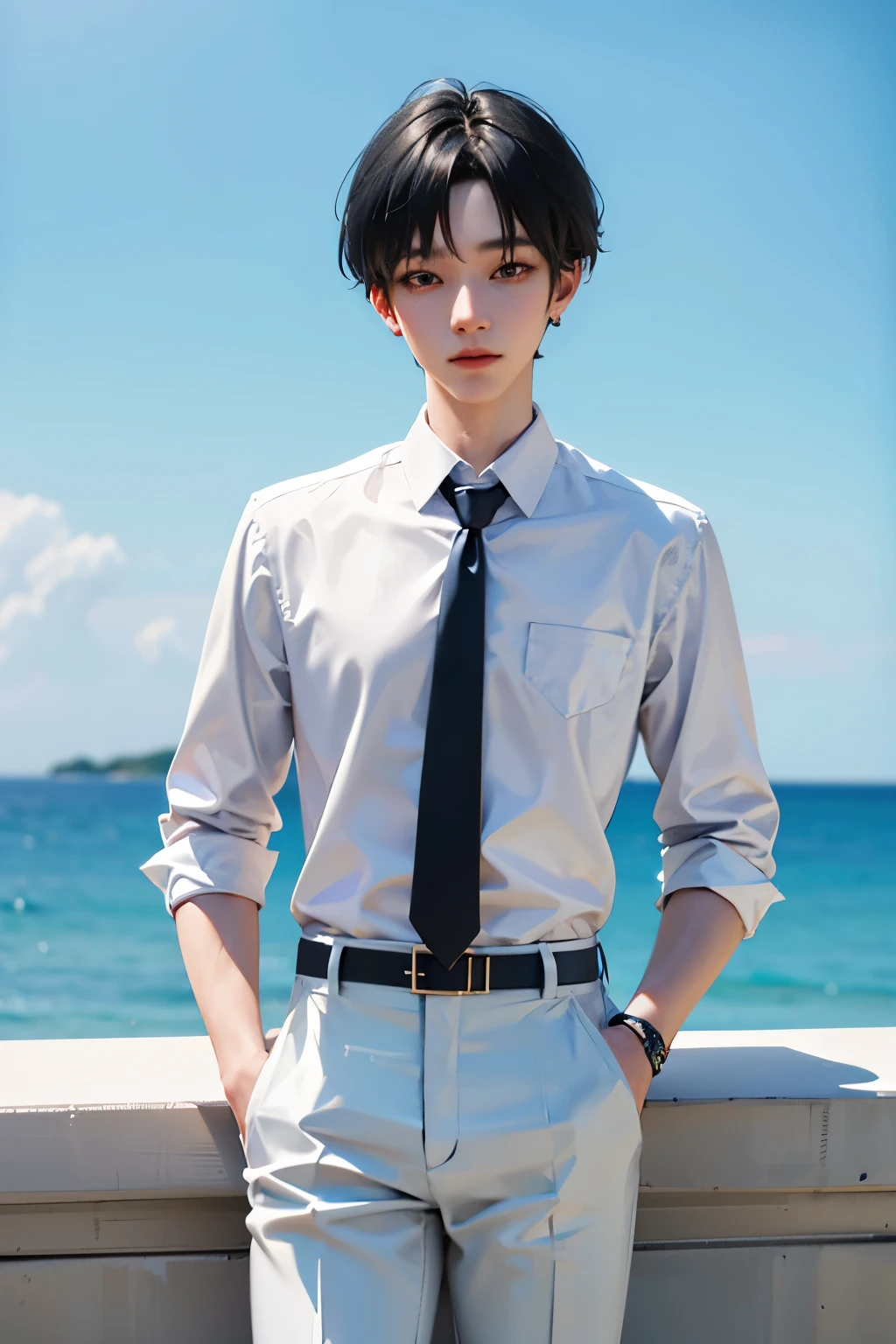 blue hair, White skin, 18 years old, super detail, masterpiece, 8k, 1 boy, korean, amazing, Idol appearance, high quality, Refreshing, high quality, white shirt, black pants, black long tie, Beautiful androgynous man, boy, Refreshing, summer, sky blue background, clear, Natural lighting, Fujifilm, Make your eyes look more natural, Color cosmetics, prime