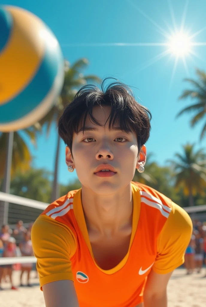 kpop band bts jungkook in volleyball uniform black hair with earrings in his ear