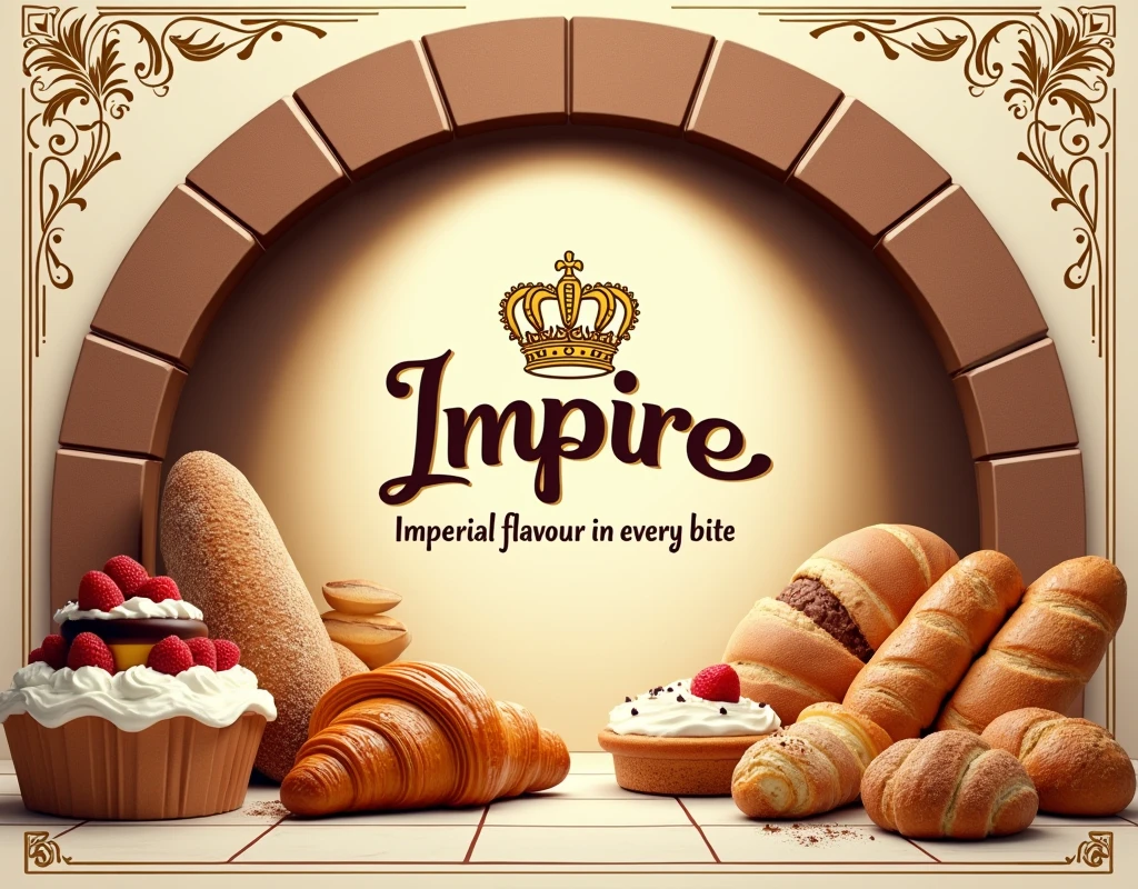 An elegant and attractive poster for the &#39;Imperio&#39; bakery. In the middle, the bakery logo stands out: a golden crown over the name &#39;Empire&#39; in stylized cursive letters. Around the logo, There is an artistic arrangement of various delicious looking bakery products: golden and crispy croissants, a loaf of rustic bread with a dark crust, cakes made with frosting, and a variety of artisan breads.
The background of the poster is a warm cream tone., reminiscent of bread dough. On top, There is an arch that simulates the interior of a stone oven, giving the impression that the products are freshly baked.
At the bottom of the poster, in an elegant but legible font, it reads: &#39;Imperial flavour in every bite&#39;. The corners of the poster are decorated with gold filigree reminiscent of the decoration of a palace..
The lighting in the picture is warm and cozy, as if the products had just come out of the oven, with subtle sparkles that enhance the texture of breads and cakes. The predominant colors are gold, Warm browns and hints of dark red, evoking the richness and tradition of a quality bakery.