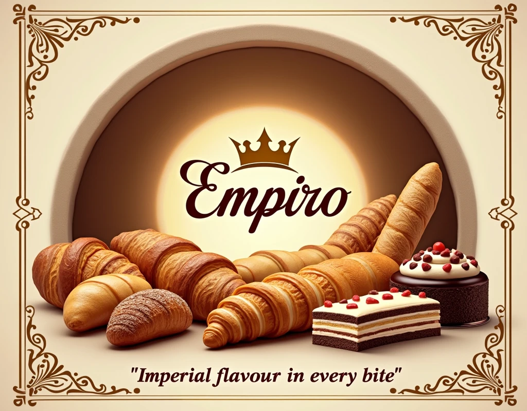 An elegant and attractive poster for the 'Imperio' bakery. In the middle, the bakery logo stands out: a golden crown over the name 'Empire' in stylized cursive letters. Around the logo, There is an artistic arrangement of various delicious looking bakery products: golden and crispy croissants, a loaf of rustic bread with a dark crust, cakes made with frosting, and a variety of artisan breads.
The background of the poster is a warm cream tone., reminiscent of bread dough. On top, There is an arch that simulates the interior of a stone oven, giving the impression that the products are freshly baked.
At the bottom of the poster, in an elegant but legible font, it reads: 'Imperial flavour in every bite'. The corners of the poster are decorated with gold filigree reminiscent of the decoration of a palace..
The lighting in the picture is warm and cozy, as if the products had just come out of the oven, with subtle sparkles that enhance the texture of breads and cakes. The predominant colors are gold, Warm browns and hints of dark red, evoking the richness and tradition of a quality bakery.