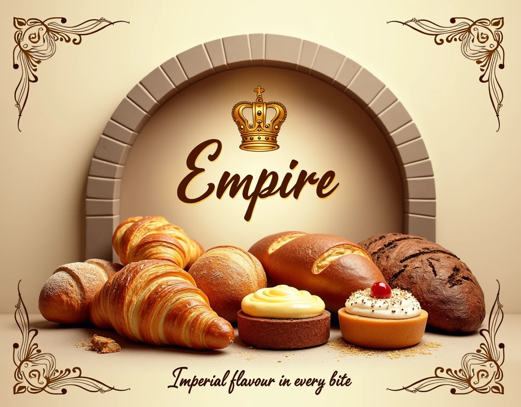 An elegant and attractive poster for the &#39;Imperio&#39; bakery. In the middle, the bakery logo stands out: a golden crown over the name &#39;Empire&#39; in stylized cursive letters. Around the logo, There is an artistic arrangement of various delicious looking bakery products: golden and crispy croissants, a loaf of rustic bread with a dark crust, cakes made with frosting, and a variety of artisan breads.
The background of the poster is a warm cream tone., reminiscent of bread dough. On top, There is an arch that simulates the interior of a stone oven, giving the impression that the products are freshly baked.
At the bottom of the poster, in an elegant but legible font, it reads: &#39;Imperial flavour in every bite&#39;. The corners of the poster are decorated with gold filigree reminiscent of the decoration of a palace..
The lighting in the picture is warm and cozy, as if the products had just come out of the oven, with subtle sparkles that enhance the texture of breads and cakes. The predominant colors are gold, Warm browns and hints of dark red, evoking the richness and tradition of a quality bakery.