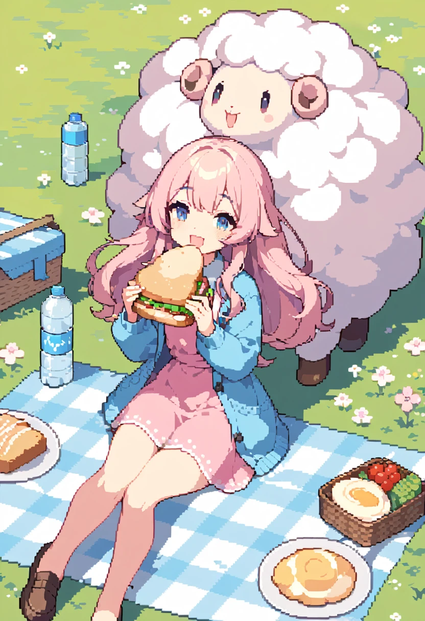 masterpiece, Highest quality, 8k, Beautiful pixel art, Vivid, Sheep, young woman, smile, Open your mouth, ((Fluffy hair)), Long Hair, Hair like sheep's hair, Pink Hair, eyebrow, 太いeyebrow大きな目の人形1体，Pink dress, Blue cardigan, Brown shoes, grassland, picnic, Basket with packed lunches, Eating a sandwich, Water bottle, Sitting on a plaid sheet