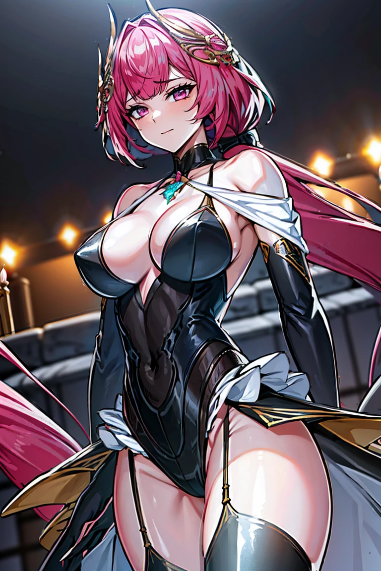 Smooth and Flawless Skin, Expressive and Captivating Eyes, Well-Defined Facial Features, Radiant and Healthy Glow, Perfectly Proportioned Face, Graceful and Symmetrical Features, Fine Details and Realistic Texture, cute face, absurdres, vivid color, beautiful portrait of cute anime girls, anime best girl, anime screencap, anime style, finely detailed, insanely detailed, exquisite, fantastic, amazing quality, top quality, professional quality, high quality, finely quality, official art, production art, super detailed skin, clear eyes, light eyes, light image, gleaming skin, oil skin, shiny skin, accurate face parts, cinematic, extremely detailed beautiful face and eyes, fair skin, 16k, 32k, 16k portrait, 32k portrait, masterpiece, Highest quality, ultra Detailed beautiful face and eyes, Detailed eyes, High resolution, beautiful, super fine illustration, extremely detailed unity cg 8k wallpaper, fearless face, perfect eyes, deep detailed eyes, perfect face, low ponytail, pink hair, hair ornament, pink eyes, leotard, zipper, white showgirl skirt, bare shoulder, thighighs, thigh high boots, bare thighs, cleavage, cleavage cutout, adult face, elbow gloves, jewelry, garter belt, garter straps, collarbone tattoo, chest tattoo, hair between eyes, evil grin, perfect hands, perfect fingers, five finger, four finger and one thumb, skin tight, straight bangs, beautiful hair, very long skirt, perfect anatomy, perfect female body, perfect proportion, fingerless gloves, bare fingers gloves, extremely ultra detailed beautiful hands and fingers, one back hair, perfect hair, cowboy shot, long ponitail,