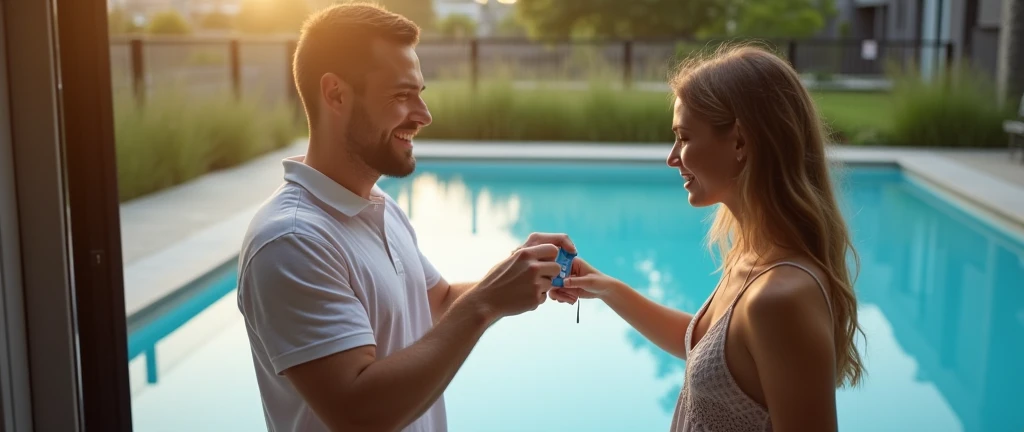 a young couple, by passing an RFID Proximity key fob on a reader on the left side of the door, To open the fence of a swimming pool with grass in a large urbanization. 