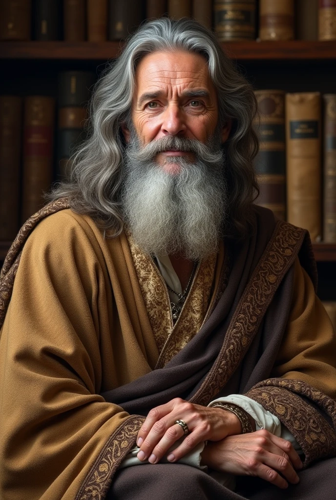 Create an image of a character named Arimathea. He is a man of approximately 60-70 years old., with gray hair and a well-groomed beard. His eyes are deep and convey wisdom. He wears elegant and traditional clothes, like a tunic or cloak that suggests antiquity. The character should display an expression of knowledge and tranquility, and its accessories, like rings or necklaces, should symbolize their role as wise. The background environment can have a classic or antique touch., reflecting its connection to wisdom and tradition.