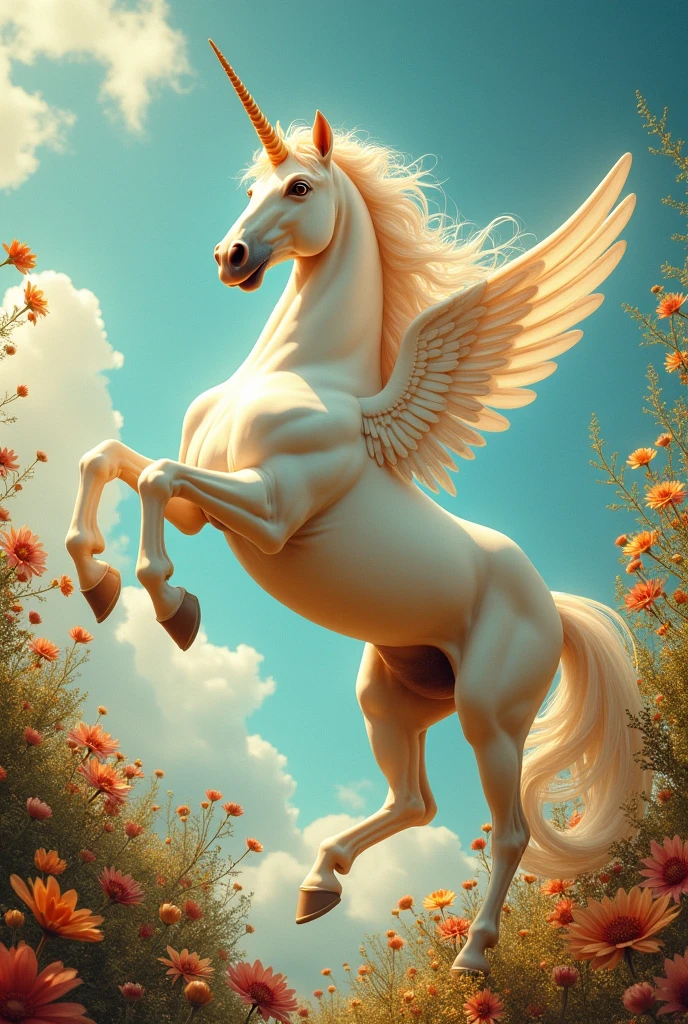 (photorealism:1.2), beautiful unicorn, fly in the sky, lighting, plants in background, , relaxed pose, realistic, intricate details, warm colors, by Greg Rutkowski, by Alphonse Mucha