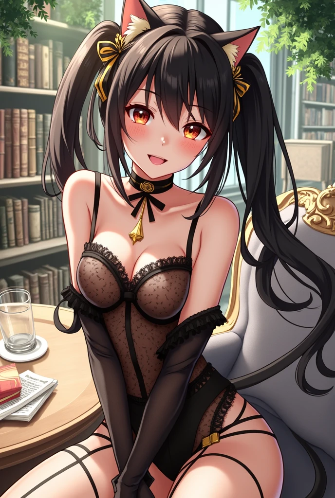 ((best quality)), ((masterpiece)), (detailed), ((highres)), In lavish manor library,  extremely long black hair. Fluffy black cat ears. Long black cat tail on butt, 1catgirl, 20 year old, curvy body, dominant pose, snickering, naked. Heterochromatic eyes, one red eye, one gold eye. No shoes, black fishnets, nude, no clothes, anime, short, provocative 
