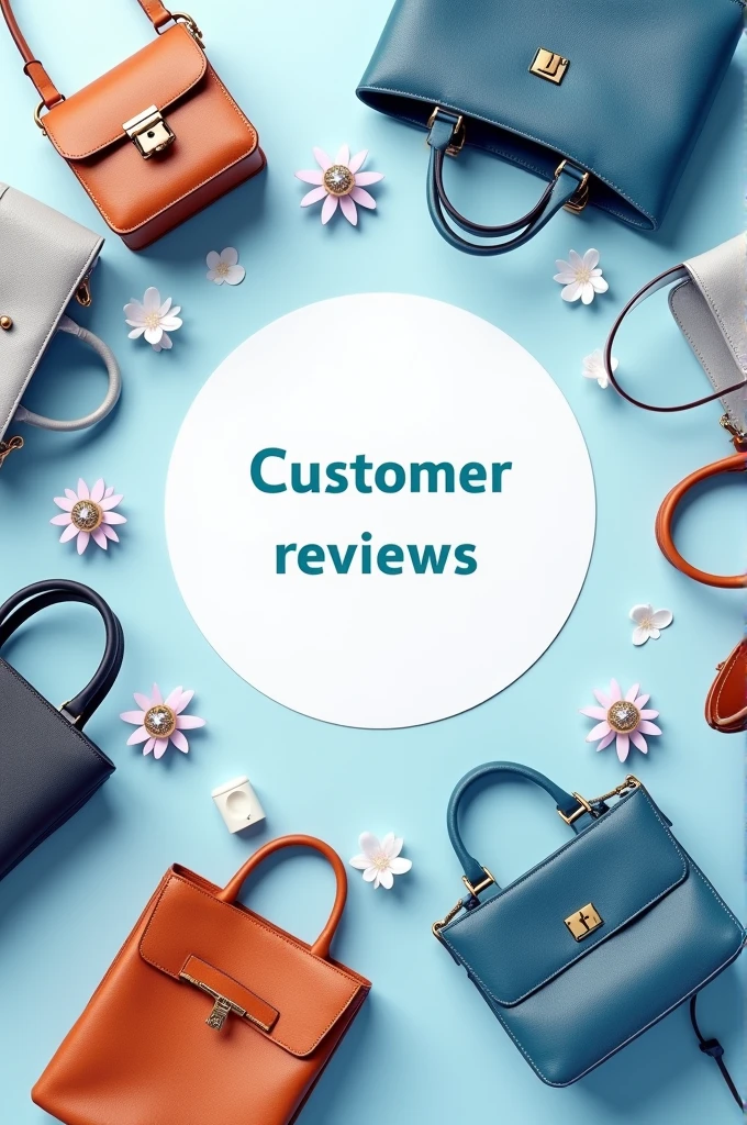 Creat a realistic image full of luxury bags around the quote write "customer reviews" in the middle of the circle. Theme should be white and sky blue