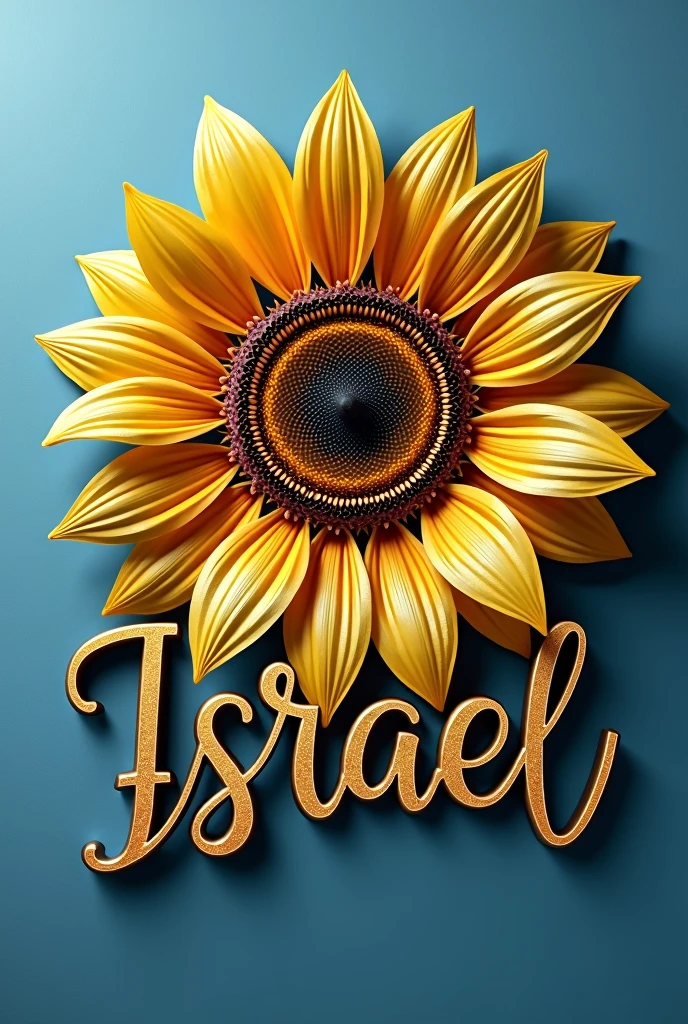 Sign with the word Israel in cursive letters in metallic gold color, on a large metallic gold monochrome sunflower on a blue background