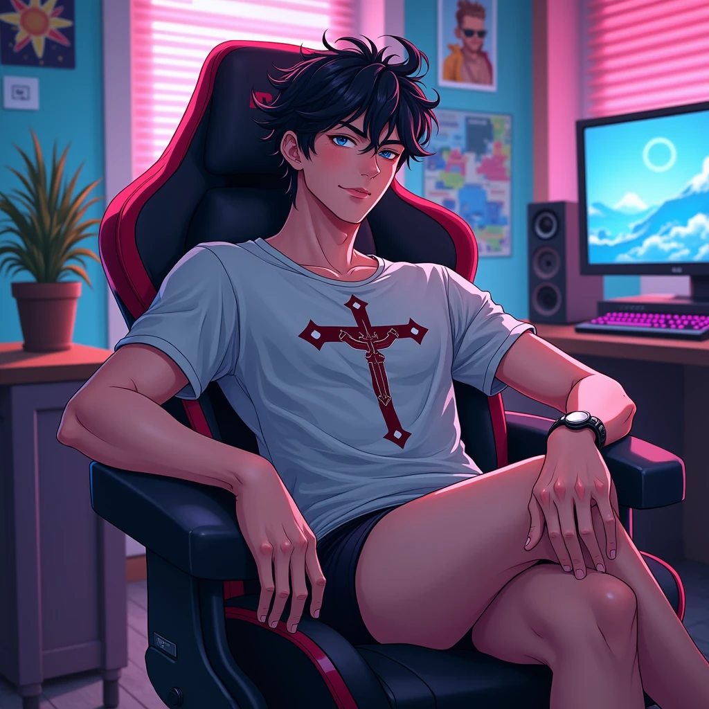 anime art: masculine male, messy hair guy, 26 years old, wearing catholic t-shirt, black underwear, big bulge, touching his bulge in a gamer chair
