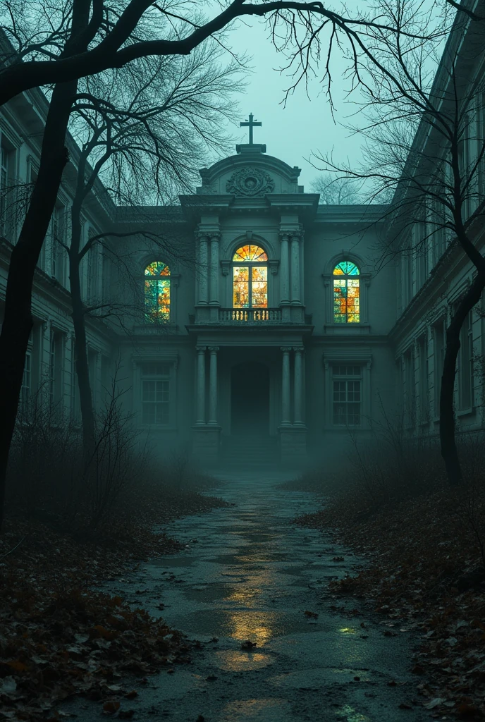 Photo of a spooky abandoned hospital with broken stained glass windows