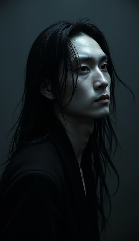 A man of about 27 years old, thin face with slightly marked features and long black hair, dark, slanted eyes, Pale skin. The man has his gaze lost in front of him., Her long black hair covers half of her face, leaving only her eyes visible.. The light of the full moon hits his face. In the background, There is only darkness