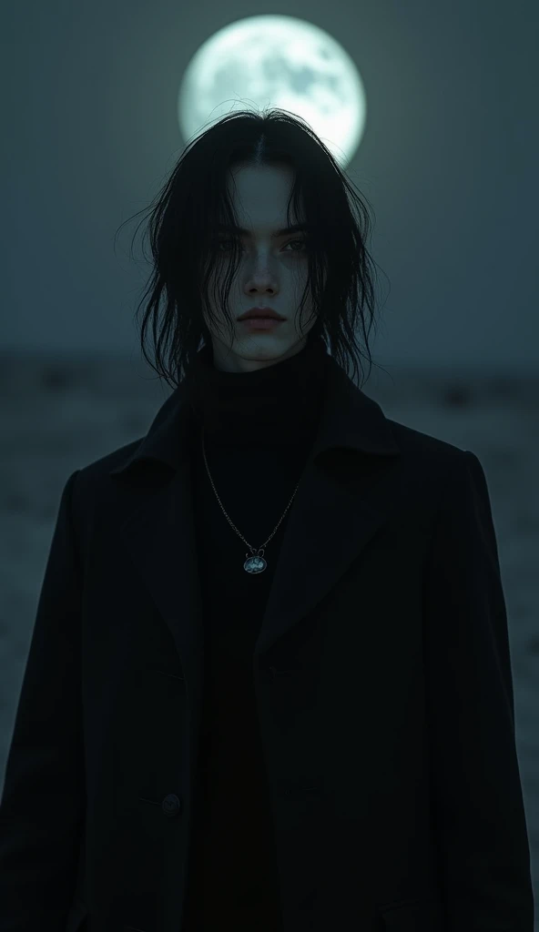 A man of about 27 years old, thin face with slightly marked features and long black hair, dark, slanted eyes, Pale skin. The man has his gaze lost in front of him., Her long black hair covers half of her face, leaving only her eyes visible.. The light of the full moon hits his face. In the background, There is only darkness