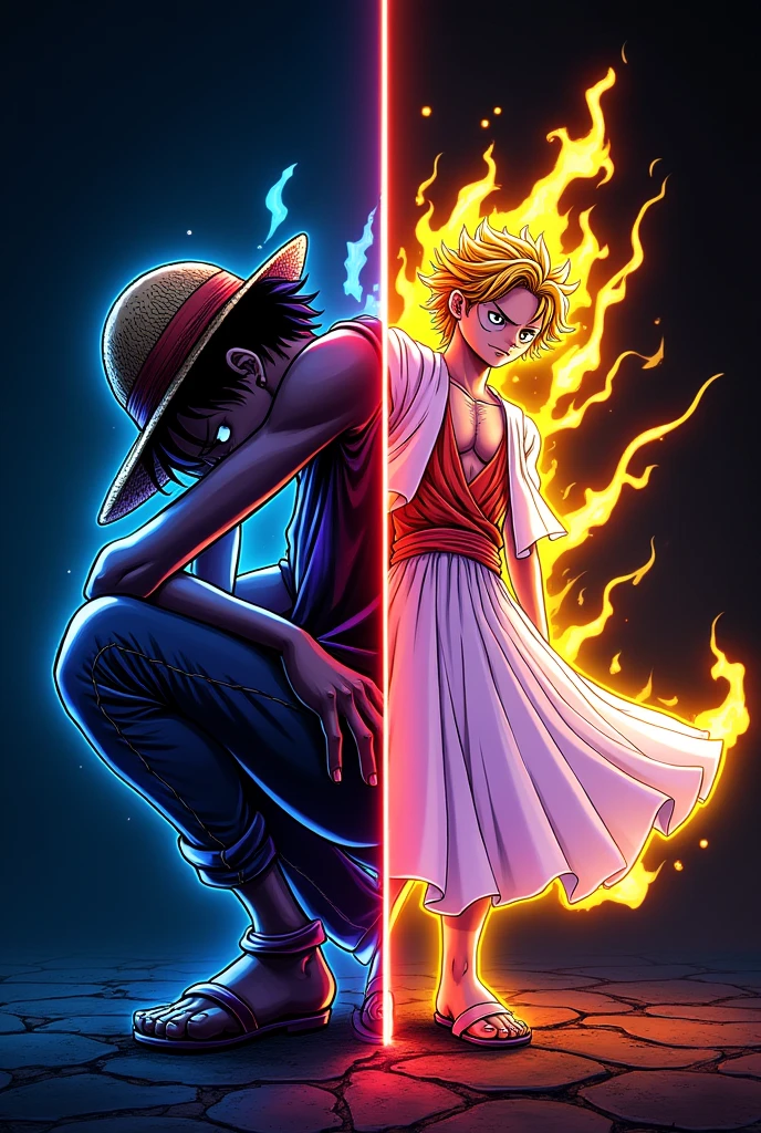 create art inspired by Monkey D. Luffy, in neon style, I will describe an image where it appears in two distinct phases:

On one side, Luffy is weak, with his head down and the straw hat covering part of his face. His expression is dark and tired, representing a moment of difficulty. Neon lines outline his body and hat, with darker colors, like shades of blue and purple, to emphasize its fragility and the gloomy mood.

on the other side, Luffy is at his peak, with Gear V activated, displaying a confident smile. His pose is erect and powerful., with vibrant energy emanating around you. The neon lines here are intense and bright., with colors like white, yellow and orange, highlighting the power and vitality of this phase. The transition between the two versions of Luffy in the center of the art is subtle., showing the evolution and strength he has achieved.