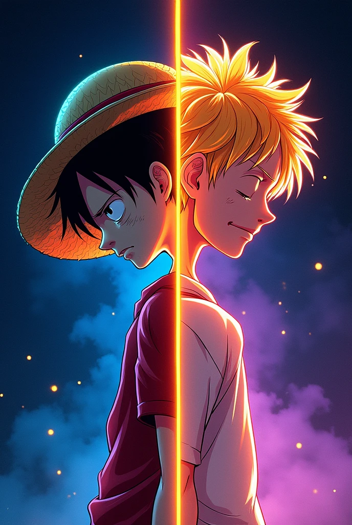 create art inspired by Monkey D. Luffy, in neon style, I will describe an image where it appears in two distinct phases:
On one side, Luffy is weak, with his head down and the straw hat covering part of his face. His expression is dark and tired, representing a moment of difficulty. Neon lines outline his body and hat, with darker colors, like shades of blue and purple, to emphasize its fragility and the gloomy mood.
on the other side, Luffy is at his peak, with Gear V activated, your white clothes and hair, displaying a confident smile. His pose is erect and powerful., with vibrant energy emanating around you. The neon lines here are intense and bright., with colors like white, yellow and orange, highlighting the power and vitality of this phase. The transition between the two versions of Luffy in the center of the art is subtle., showing the evolution and strength he has achieved.