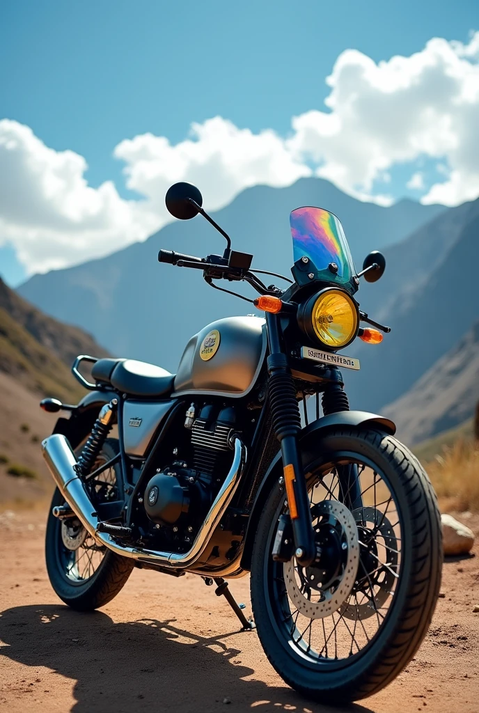 A Royal Enfield Himalayan 411 cc motorcycle in grey colour and the headlight with yellow film and bubble with a mirrored film