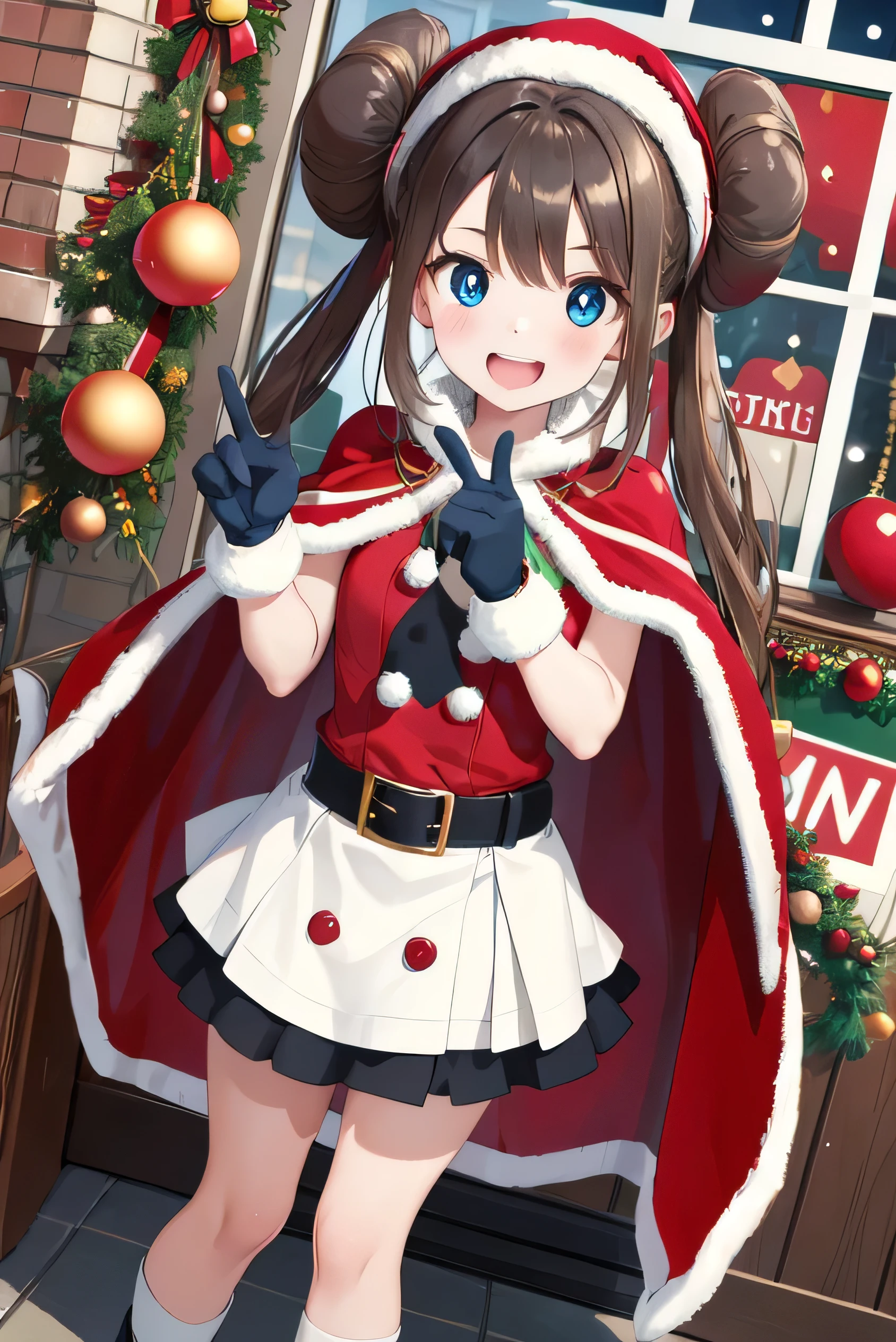 masterpiece, best quality, mackerel, Ro1, hair bun, blue eyes, twin tail, belt, black thighs, Gloves, christmas, split, red cape, Santa hat, dress, standing, sign of peace, inside, christmas, laugh, dehisce