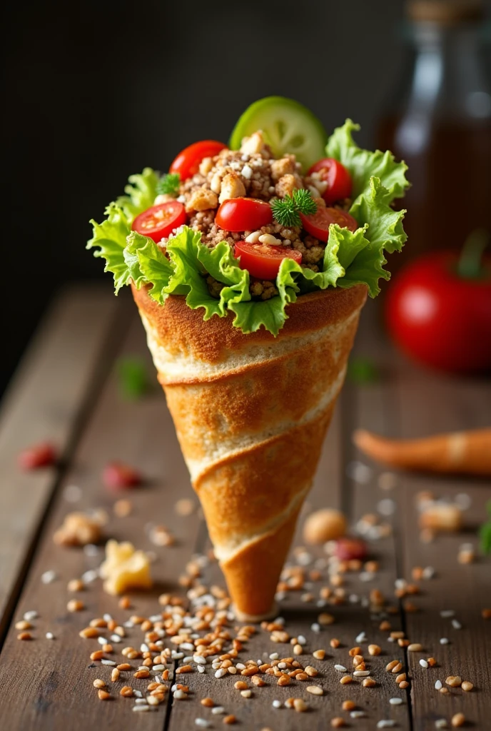 Cone with bread dough stuffed with hamburger meat and salad