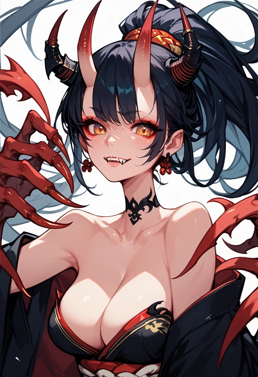 1girl, 独奏, oni girl, japanese kimono, medium , Black kimono, bare shoulders, Cleavag Horns, Long, sharp claws, tooth,