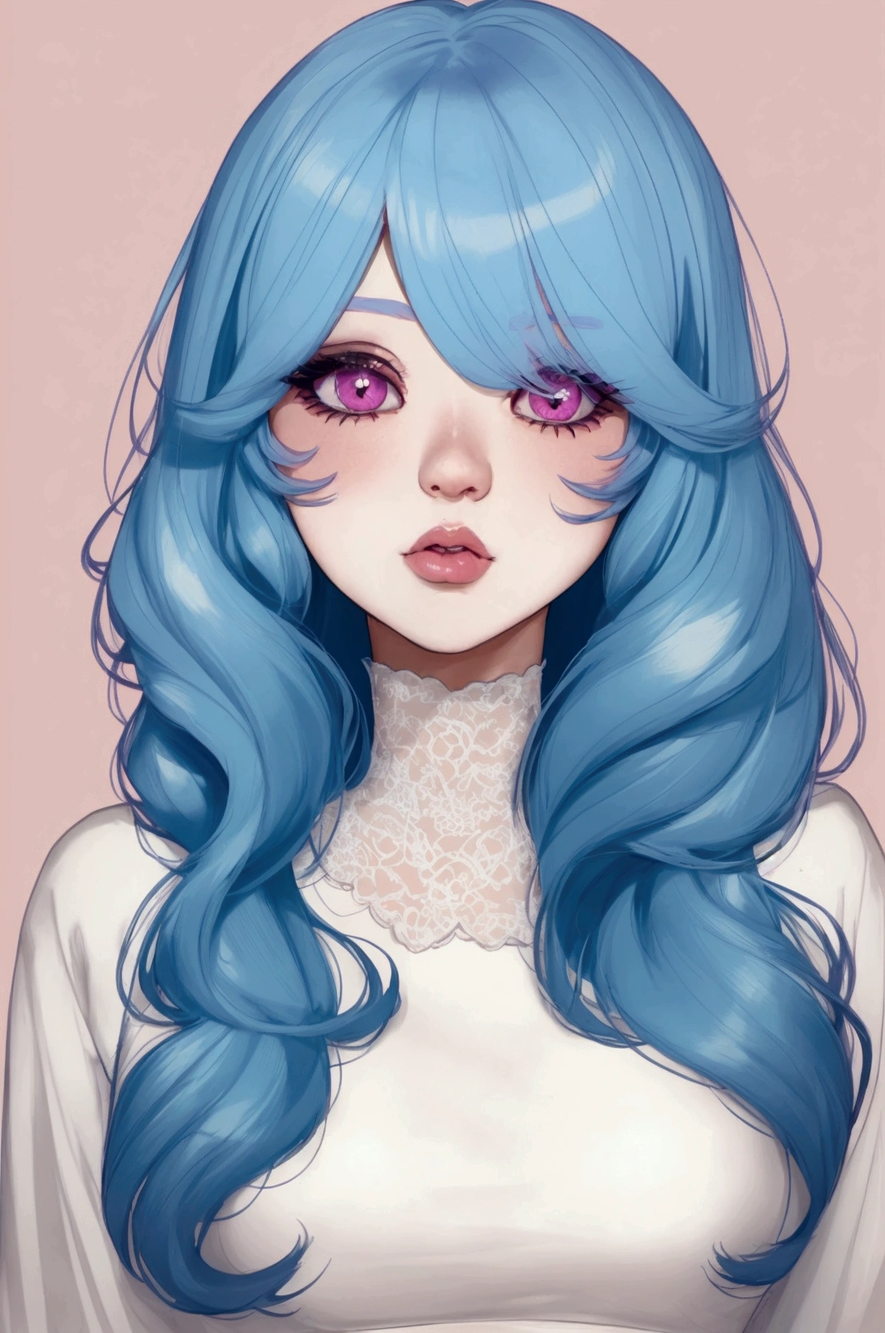 Chico, for the: short and wavy, pastel pink with white tinted tips. eyes: big ones, with long eyelashes and an electric blue color. facial features: delicate features, with a soft jaw and thin lips. She usually wears a little makeup, as eyeliner and lip gloss. He&#39;s a femboy.
