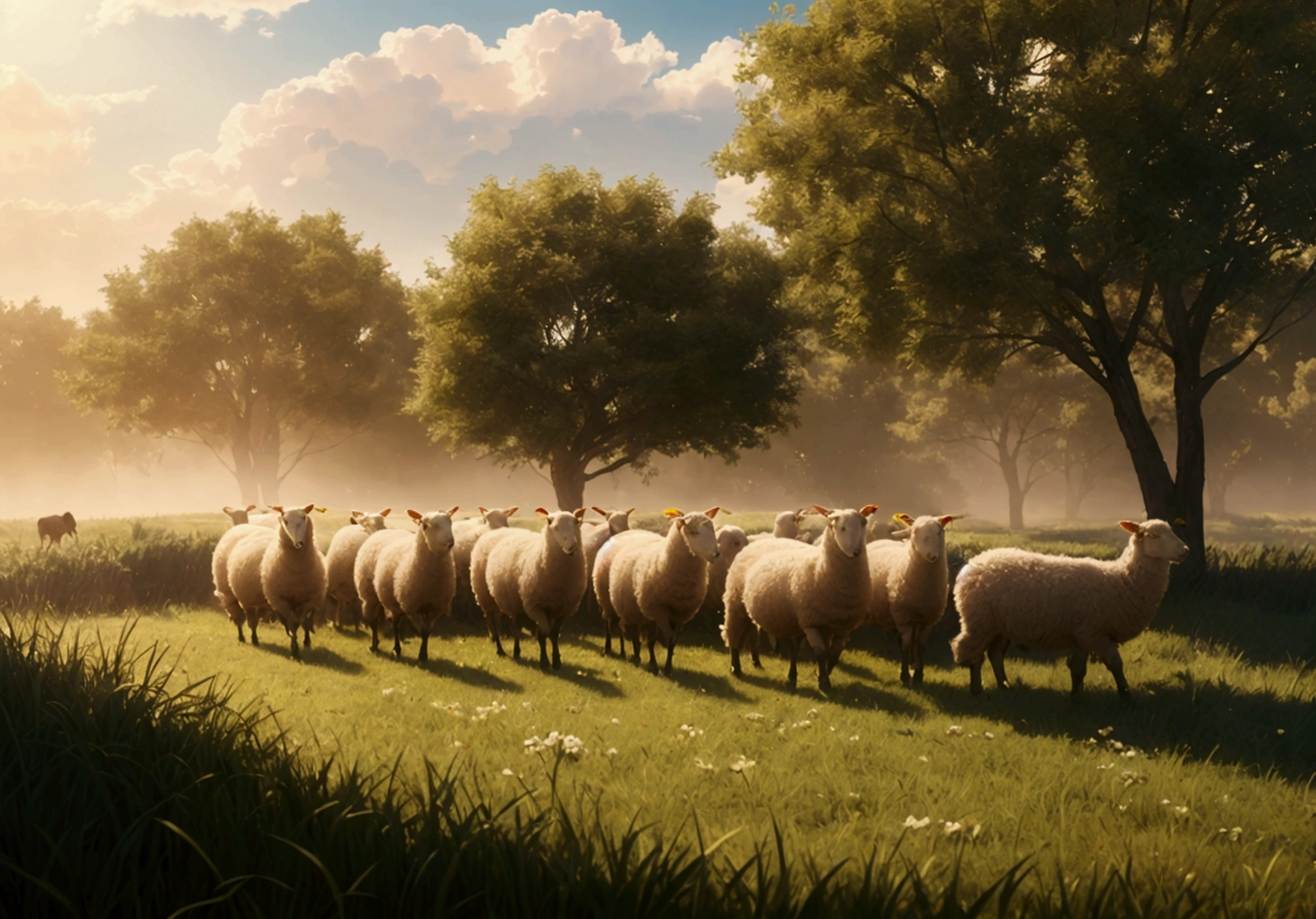 A tranquil, pastoral scene with a serene landscape featuring a shepherd gently guiding a flock of sheep through lush green fields. The shepherd, symbolizing the Lord, is depicted with a caring and protective demeanor. Above the scene, the text 'O SENHOR é meu pastor, e nada me faltará' is elegantly inscribed in flowing script. The setting is bathed in soft, golden light, creating a peaceful and reassuring atmosphere that conveys the sense of divine guidance and provision. The overall image embodies a feeling of complete trust and contentment, ,16k resolution, ultra HD, realistic, vivid colors, pen and ink technique, perfect composition, octane render radiating with soft, volumetric, cinematic lighting, trending on ArtStation, photorealistic concept art, artistic photography, ultra fine, highly detailed, beautiful, detailed, intricate, insanely detailed, octane render, trending on ArtStation, 16k artistic photography, photorealistic concept art, soft