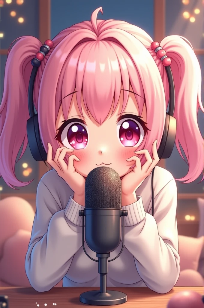 Create a 2d image of a cute anime girl smiling with pink hair doing ASMR blowers as if she were blowing into a microphone