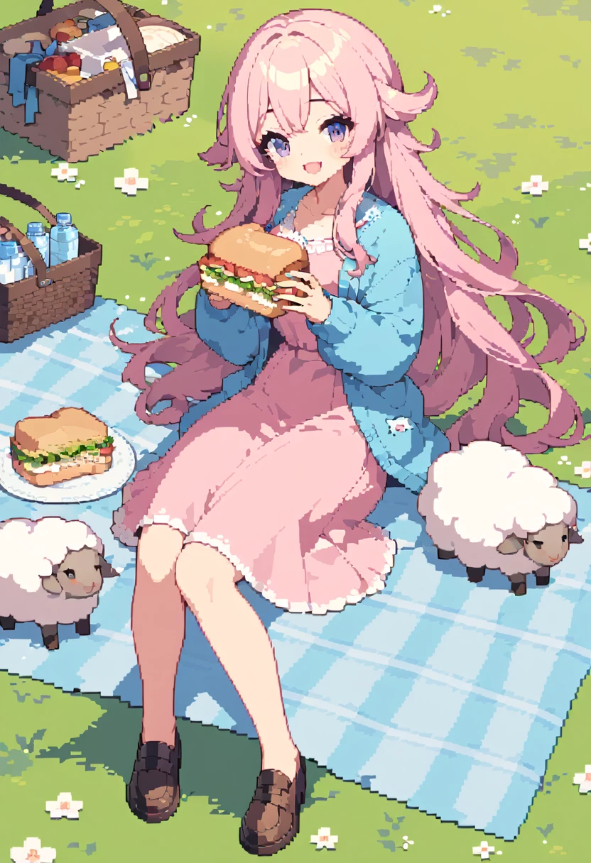 masterpiece, Highest quality, 8k, Beautiful pixel art, Vivid, Sheep, young woman, smile, Open your mouth, ((Fluffy hair)), Long Hair, Hair like sheep's hair, Pink Hair, eyebrow, 太いeyebrow大きな目の人形1体，Pink dress, Blue cardigan, Brown shoes, grassland, picnic, Basket with packed lunches, Eating a sandwich, Water bottle, Sitting on a plaid sheet