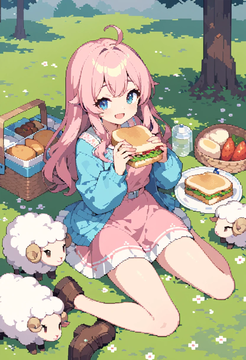 masterpiece, Highest quality, 8k, Beautiful pixel art, Vivid, Sheep, young woman, smile, Open your mouth, ((Fluffy hair)), Long Hair, Hair like sheep's hair, Pink Hair, eyebrow, 太いeyebrow大きな目の人形1体，Pink dress, Blue cardigan, Brown shoes, grassland, picnic, Basket with packed lunches, Eating a sandwich, Water bottle, Sitting on a plaid sheet