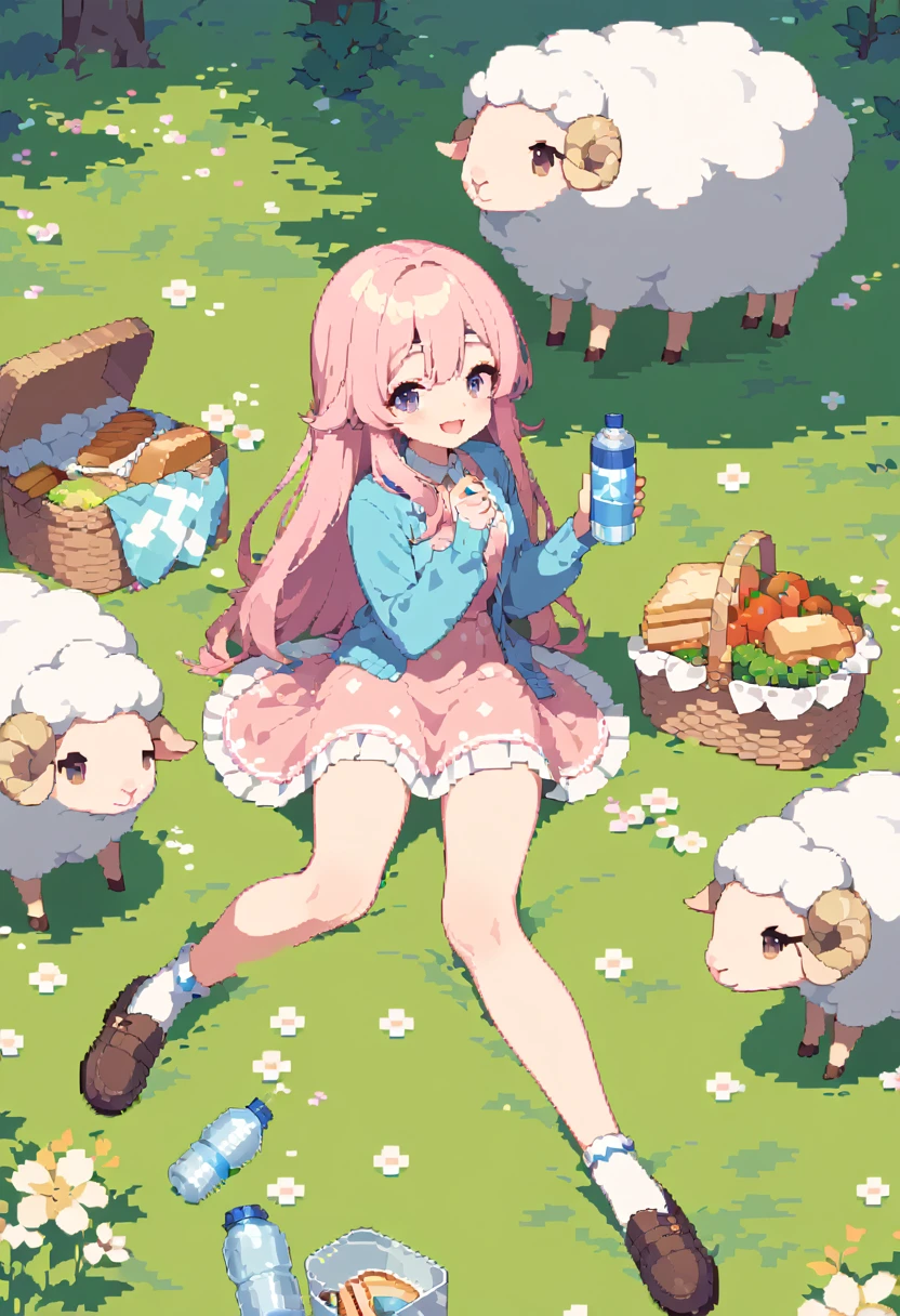 masterpiece, Highest quality, 8k, Beautiful pixel art, Vivid, Sheep, young woman, smile, Open your mouth, ((Fluffy hair)), Long Hair, Hair like sheep's hair, Pink Hair, eyebrow, 太いeyebrow大きな目の人形1体，Pink dress, Blue cardigan, Brown shoes, grassland, picnic, Basket with packed lunches, Eating a sandwich, Water bottle, Sitting on a plaid sheet