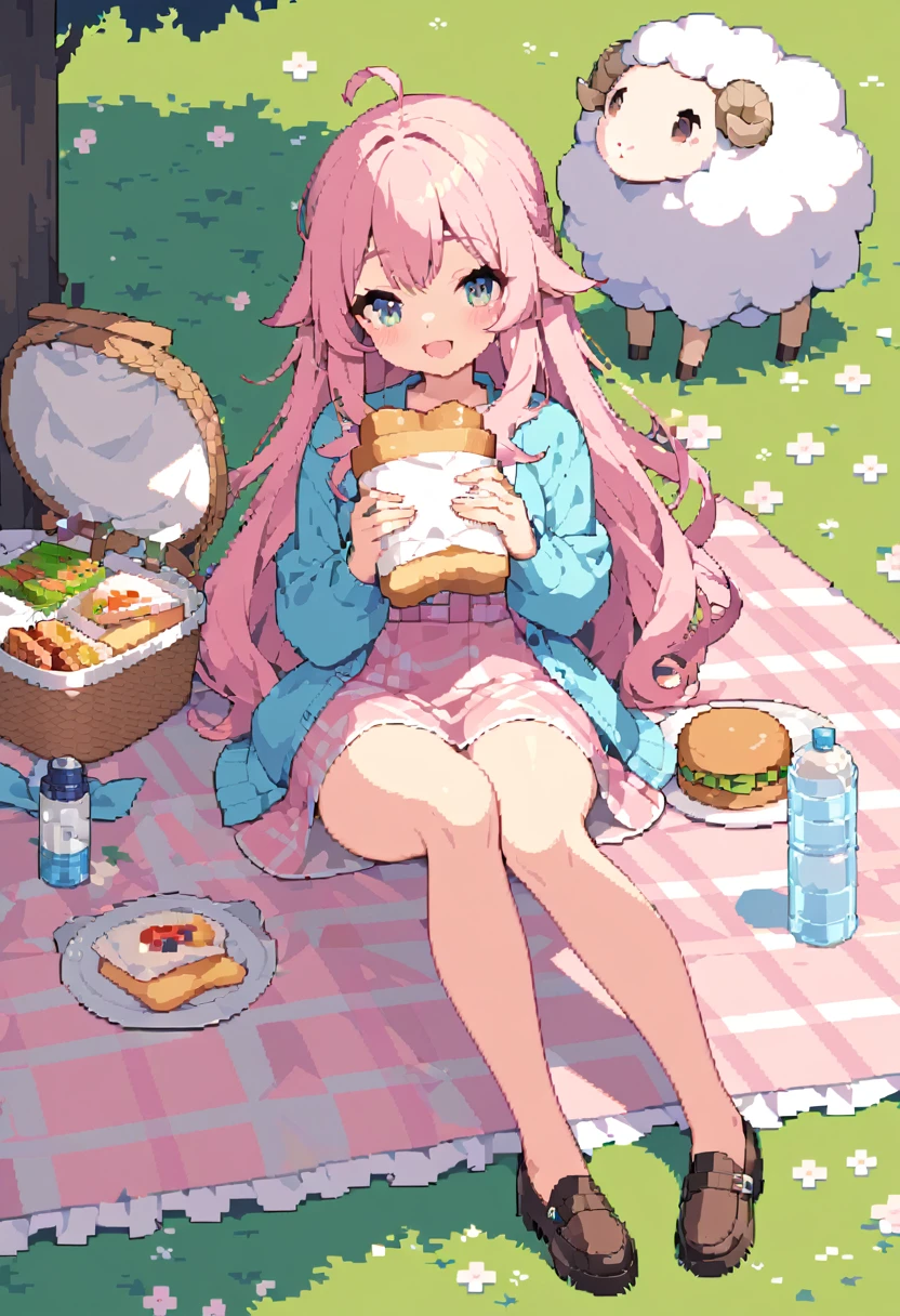 masterpiece, Highest quality, 8k, Beautiful pixel art, Vivid, Sheep, young woman, smile, Open your mouth, ((Fluffy hair)), Long Hair, Hair like sheep's hair, Pink Hair, eyebrow, 太いeyebrow大きな目の人形1体，Pink dress, Blue cardigan, Brown shoes, grassland, picnic, Basket with packed lunches, Eating a sandwich, Water bottle, Sitting on a plaid sheet