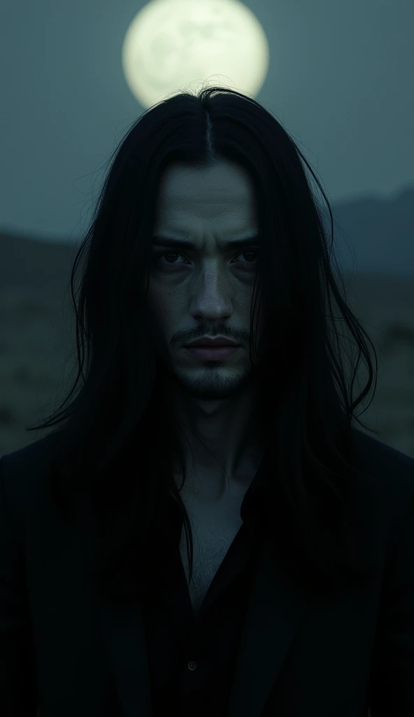 A man of about 27 years old, thin face with slightly marked features and long black hair, dark, slanted eyes, Pale skin. The man has his gaze lost in front of him., Her long black hair covers half of her face, leaving only her eyes visible.. The light of the full moon hits his face. In the background, There is only darkness