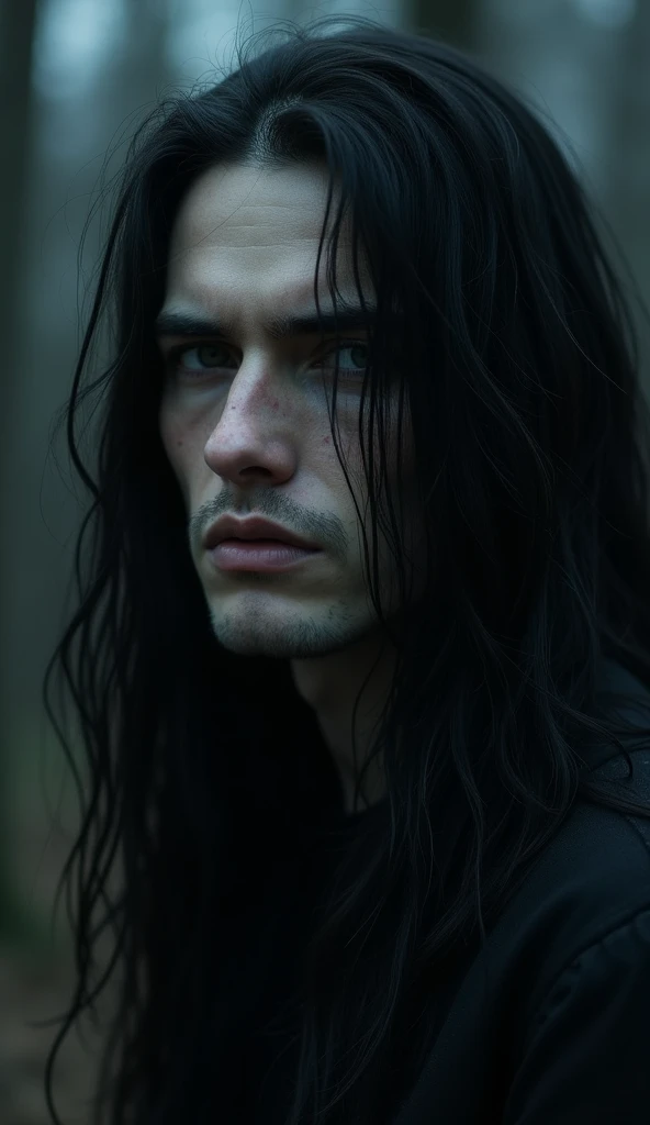 A man of about 27 years old, thin face with slightly marked features and long black hair, dark, slanted eyes, Pale skin. The man has his gaze lost in front of him., Her long black hair covers half of her face, leaving only her eyes visible.. The light of the full moon hits his face. In the background, There is only darkness