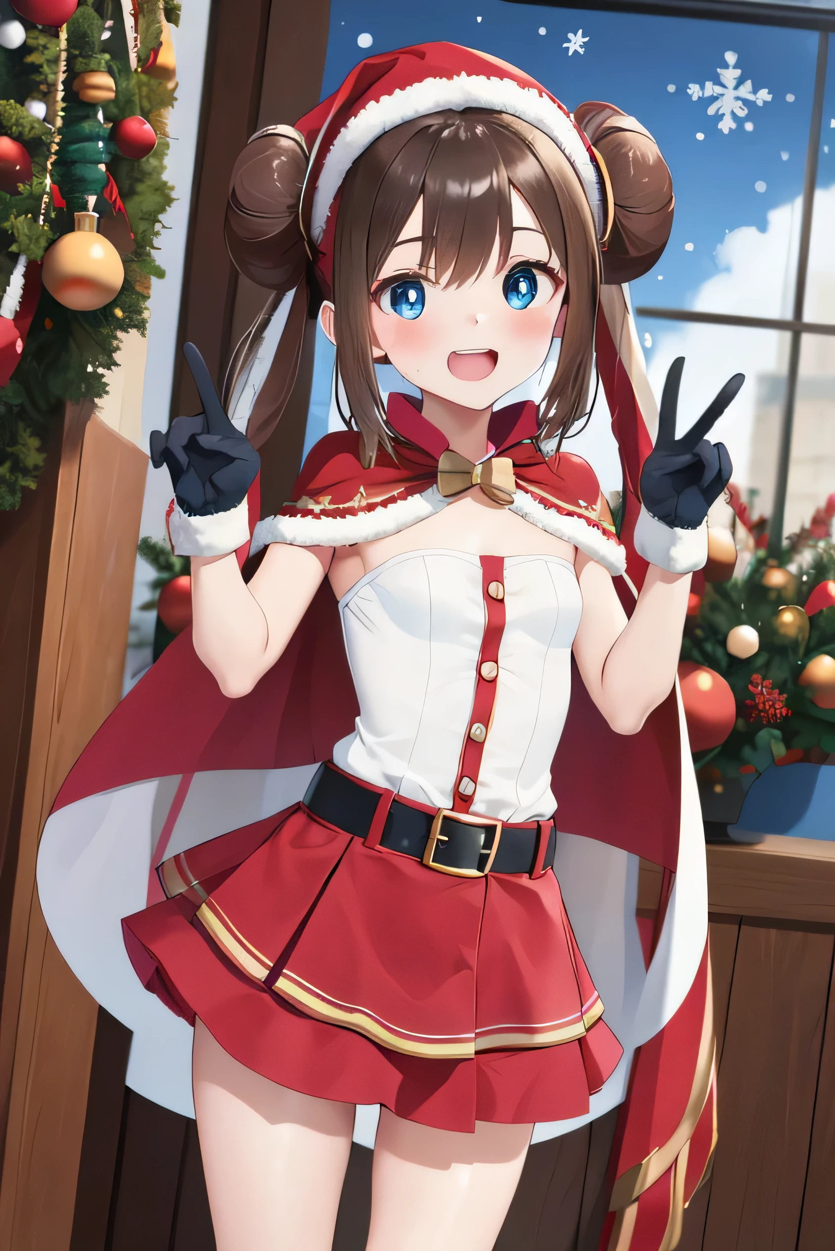 masterpiece, best quality, mackerel, Ro1, hair bun, blue eyes, twin tail, belt, black thighs, Gloves, christmas, split, red cape, Santa hat, dress, standing, sign of peace, inside, christmas, laugh, dehisce