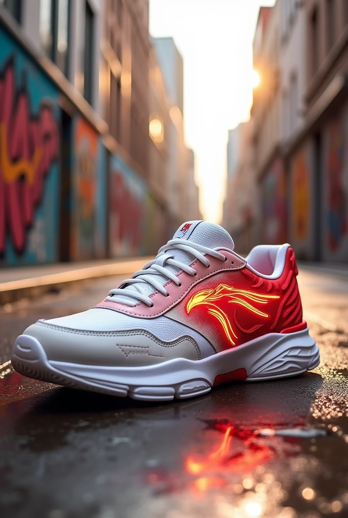 Create a white and red tennis shoe with the logo being a phoenix