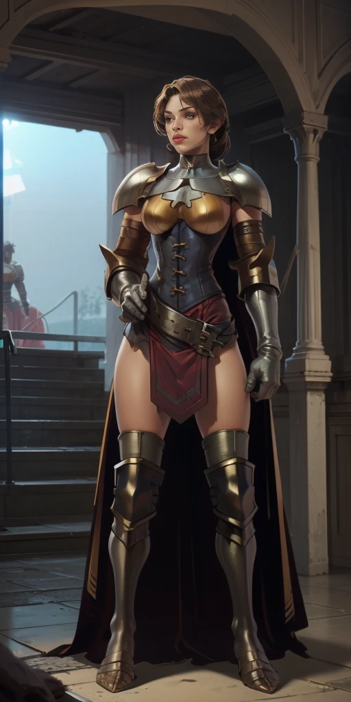 full body, whole body. 1solo (girl). slave fighter, loincloth standing, hands on hips, metal sandals, leather choker and corset, big belt, view from below, feet together, bracers, tiara)