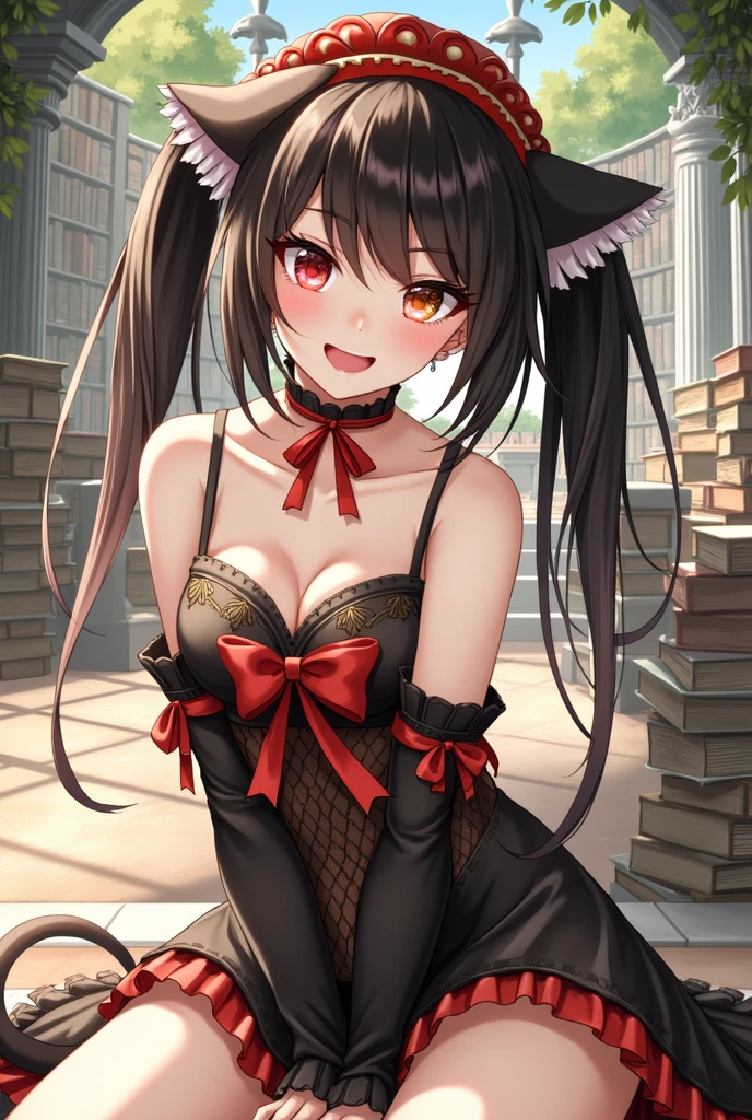 ((best quality)), ((masterpiece)), (detailed), ((highres)), In lavish manor library,  extremely long black hair. Fluffy black cat ears. Long black cat tail on butt, 1catgirl, 20 year old, curvy body, dominant pose, snickering, naked. Heterochromatic eyes, one red eye, one gold eye. No shoes, black fishnets, nude, no clothes, anime, short, provocative 
