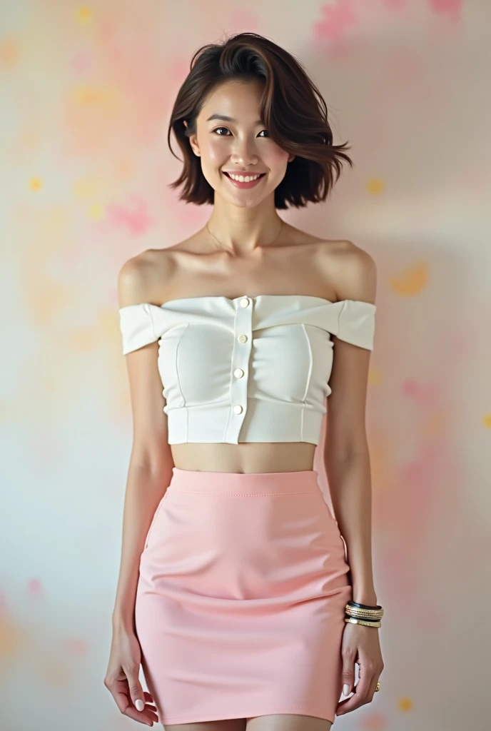 Sexy Asian woman. Short hair. Large firm breasts. Breasts are very large and protrude out. Very thin waist. (hard breasts). Wearing a short, pencil skirt with high waist. Skirt is light pink. Wearing white off shoulder shirt. shirt is cropped. High heels. Facing forward and smiling. emphasize round ass and large breasts. cowboy shot. full body picture