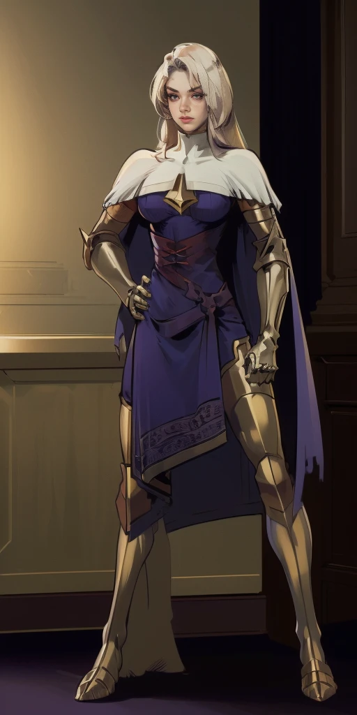 masterpiece, best quality, high quality, pale hair, red eyes, purple skin, deep blue cape with golden ornaments (1solofemale full body standing straight symmetrical, hands on hips)