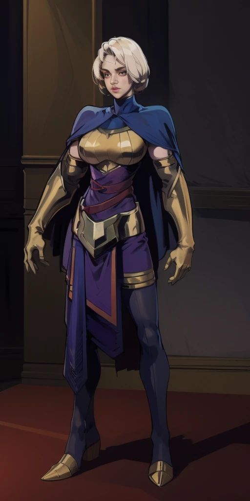 masterpiece, best quality, high quality, pale hair, red eyes, purple skin, deep blue cape with golden ornaments (1solofemale full body standing straight symmetrical, hands on hips)