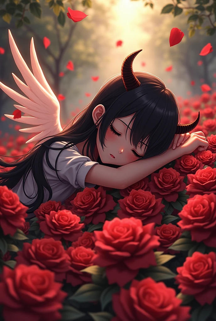 An anime image showing a girl with black hair and black eyes sleeping on roses. with demon horns and angel wings

